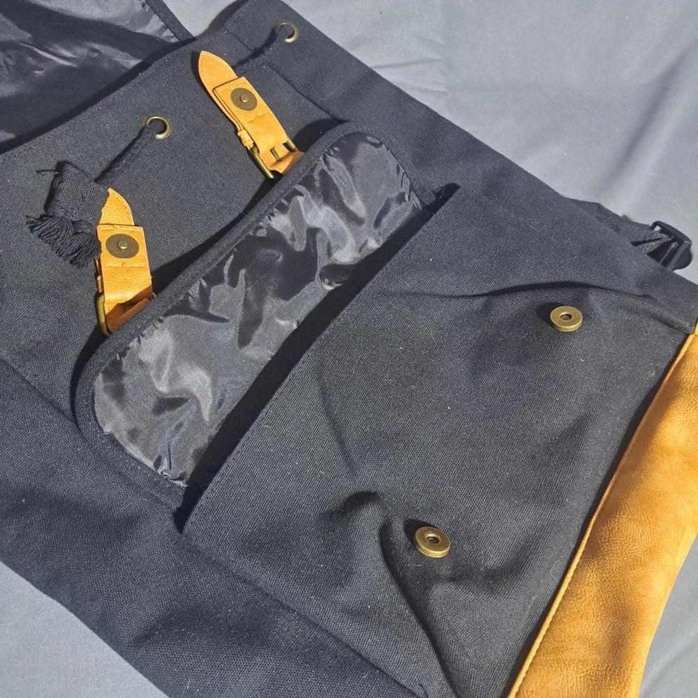 DSW‎ Black Canvas Backpack Faux Leather Trim Buckle Detail Pockets VGUC